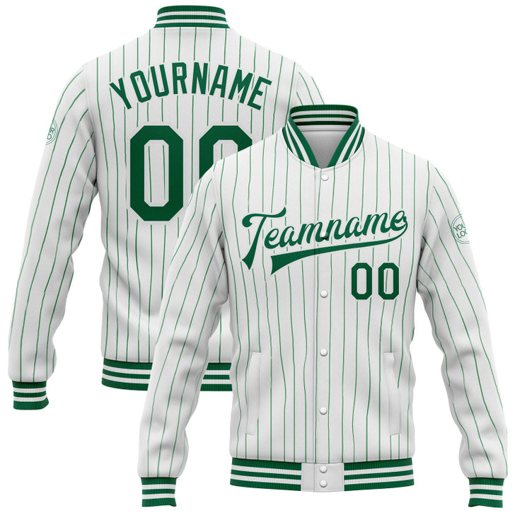 FUNSTUFFPRINT Custom White Kelly Green Pinstripe Kelly Green Bomber Full-Snap Varsity Letterman Jacket 3D Baseball Jacket
