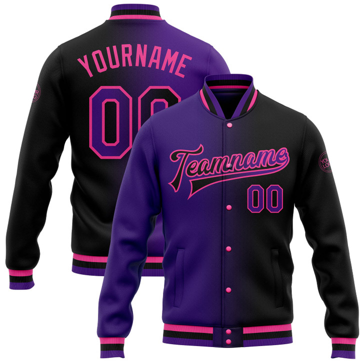 FUNSTUFFPRINT Custom Black Purple-Pink Bomber Full-Snap Varsity Letterman Gradient Fashion Jacket 3D Baseball Jacket
