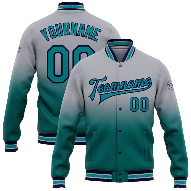 FUNSTUFFPRINT Custom Gray Teal-Navy Bomber Full-Snap Varsity Letterman Fade Fashion Jacket 3D Baseball Jacket