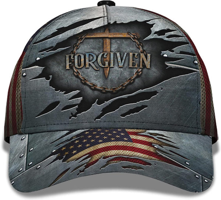 FUNSTUFFPRINT Forgiven Nail Cross With American Flag All Over Print Baseball Cap - Christian Hats For Men Women