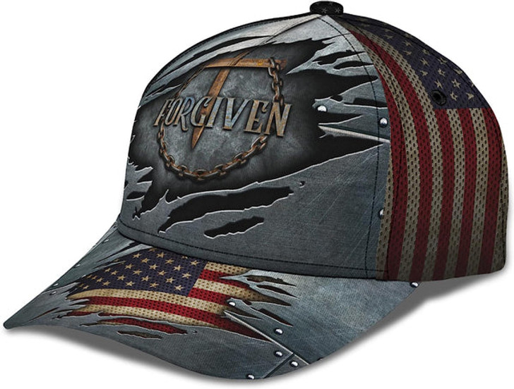 FUNSTUFFPRINT Forgiven Nail Cross With American Flag All Over Print Baseball Cap - Christian Hats For Men Women