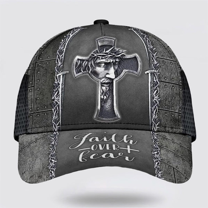 FUNSTUFFPRINT Faith Over Fear Jesus Cross Baseball Cap - Christian Hats for Men and Women