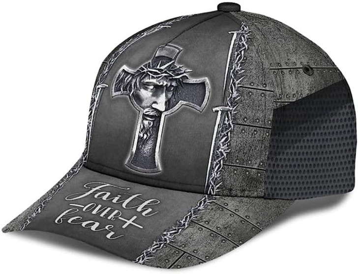 FUNSTUFFPRINT Faith Over Fear Jesus Cross Baseball Cap - Christian Hats for Men and Women