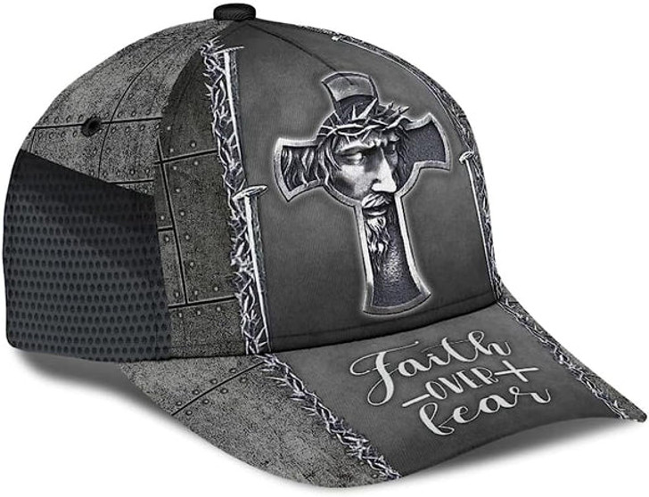 FUNSTUFFPRINT Faith Over Fear Jesus Cross Baseball Cap - Christian Hats for Men and Women
