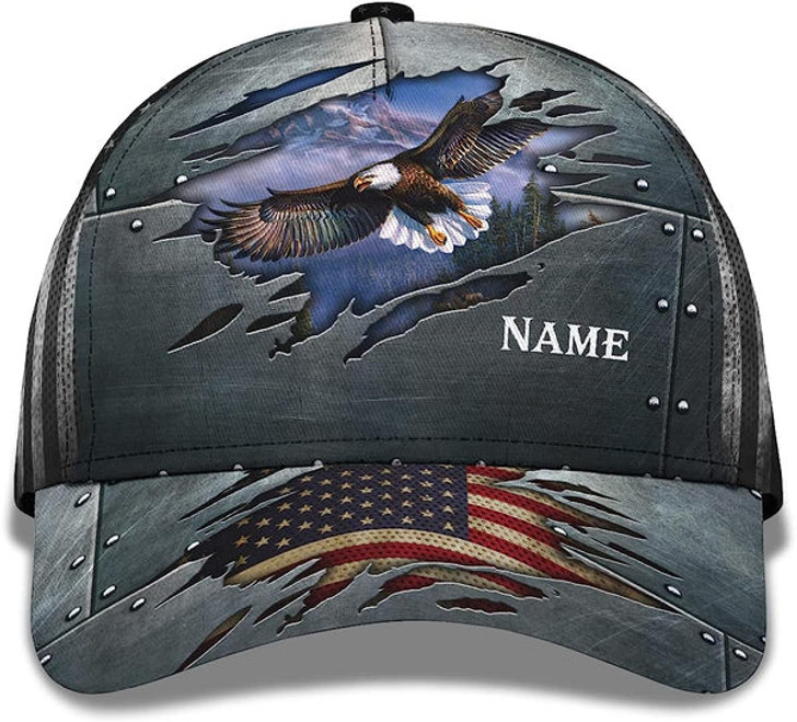 FUNSTUFFPRINT Patriotic Bald Eagle With Us Flag Custom Name All Over Print Baseball Cap - Christian Hats For Men Women