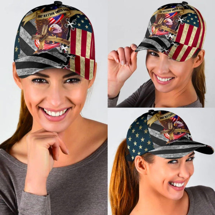 FUNSTUFFPRINT One Nation Under God Cross Eagle Classic Hat All Over Print - Christian Hats for Men and Women