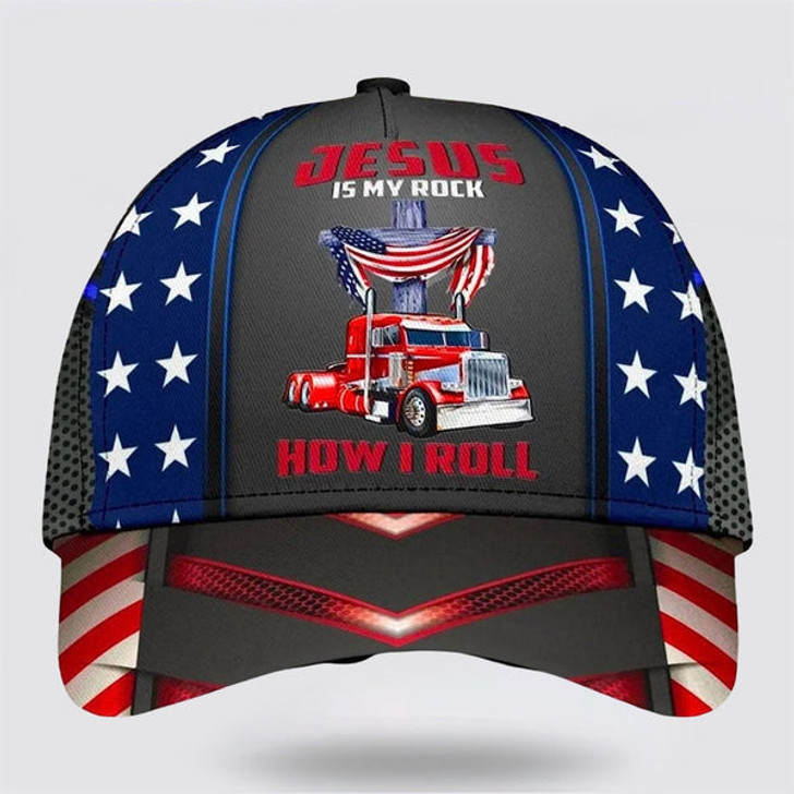 FUNSTUFFPRINT Jesus Is My Rock How I Roll Baseball Cap - Christian Hats for Men and Women