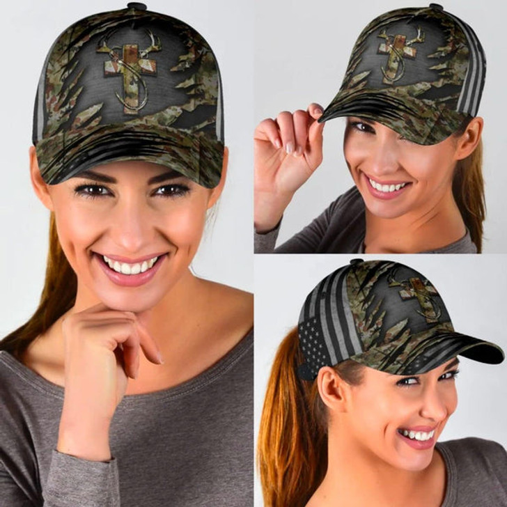 FUNSTUFFPRINT Jesus Hunting Fishing Camo Baseball Cap - Christian Hats for Men and Women
