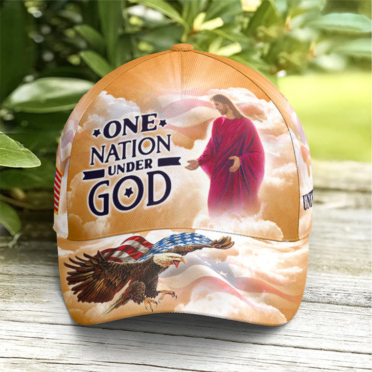 FUNSTUFFPRINT One Nation Under God Baseball Cap For Jesus Lovers Drawing Vector Style Yellow