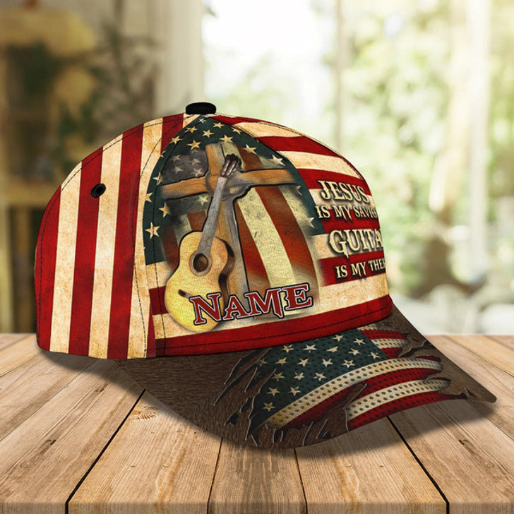 FUNSTUFFPRINT Jesus Is My Savivor Guitar Is My Therapy Personalized Name Cap For Guitar Man - Jesus Guitar Cap Hat