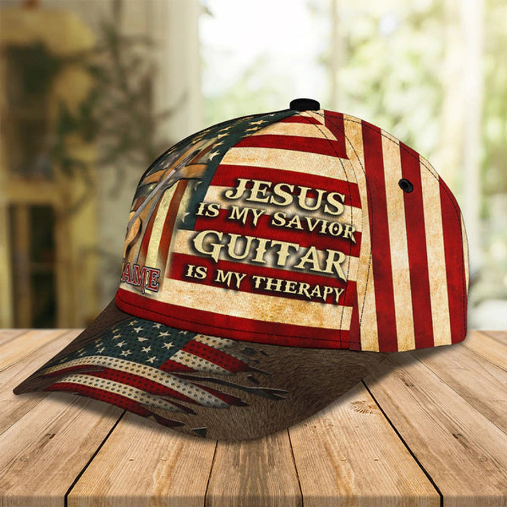 FUNSTUFFPRINT Jesus Is My Savivor Guitar Is My Therapy Personalized Name Cap For Guitar Man - Jesus Guitar Cap Hat