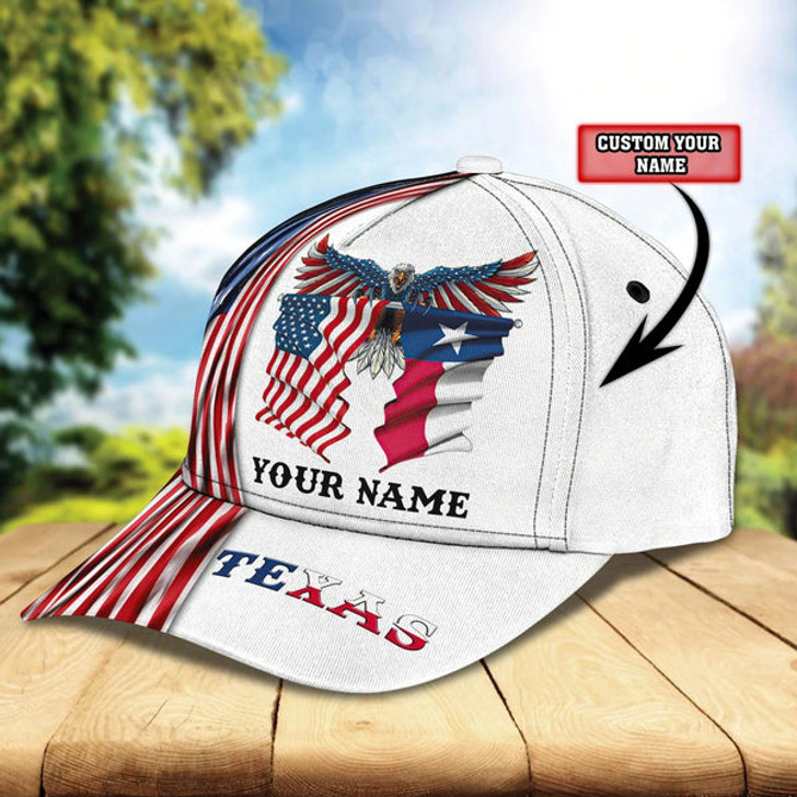 FUNSTUFFPRINT Custom With Name Texas Baseball Cap Hat - American Support Texas 3D Cap Hat - Eagle Texas Cap Hat