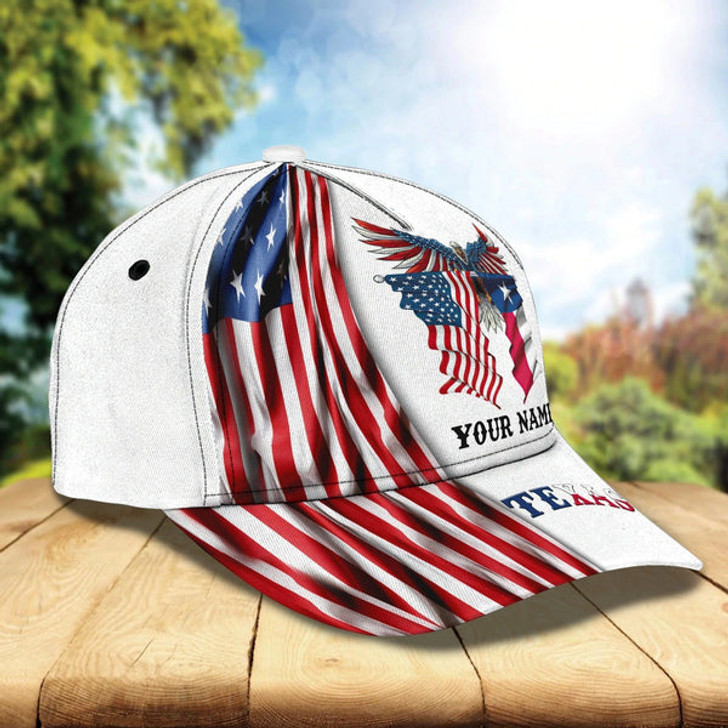 FUNSTUFFPRINT Custom With Name Texas Baseball Cap Hat - American Support Texas 3D Cap Hat - Eagle Texas Cap Hat