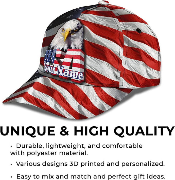 FUNSTUFFPRINT Usa America Flag Bald Eagle Custom Name All Over Print Baseball Cap - Christian Hats For Men Women