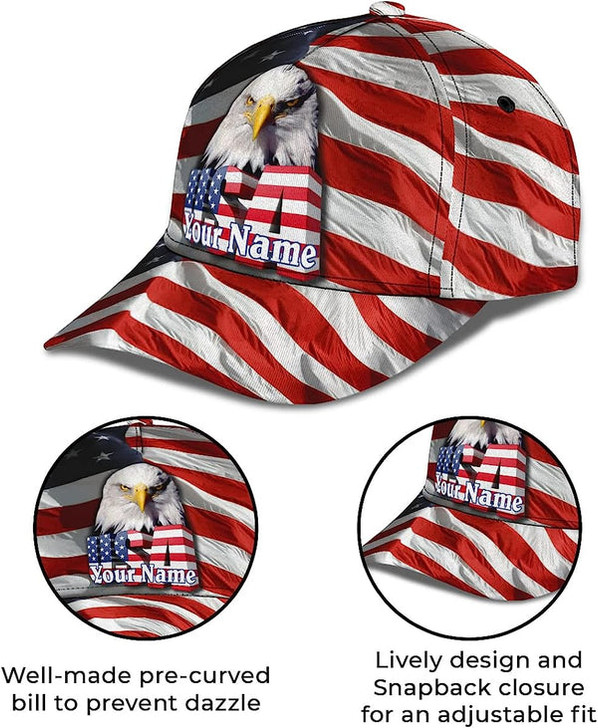 FUNSTUFFPRINT Usa America Flag Bald Eagle Custom Name All Over Print Baseball Cap - Christian Hats For Men Women