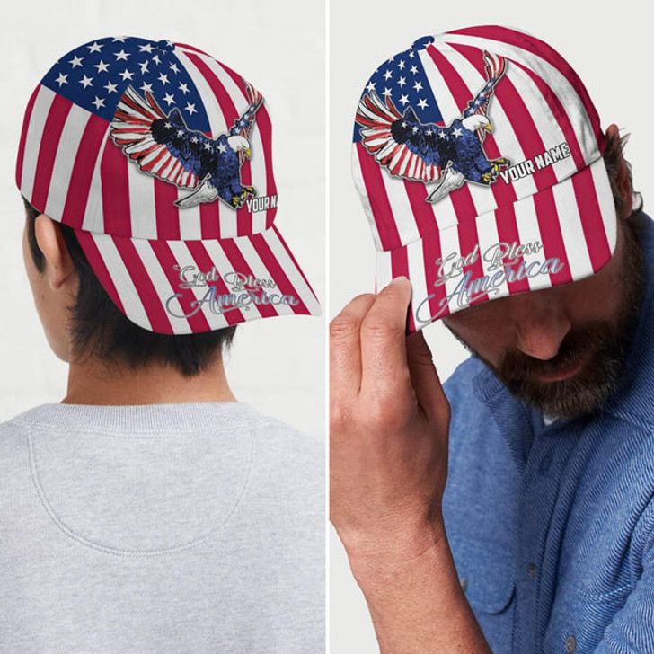FUNSTUFFPRINT Us Eagle With American Flag God Bless America Custom Name All Over Print Baseball Cap - Christian Hats For Men Women