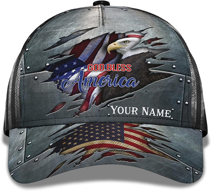 FUNSTUFFPRINT Unisex God Bless America Bald Eagle Custom Name All Over Print Baseball Cap - Christian Hats For Men Women