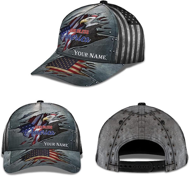 FUNSTUFFPRINT Unisex God Bless America Bald Eagle Custom Name All Over Print Baseball Cap - Christian Hats For Men Women