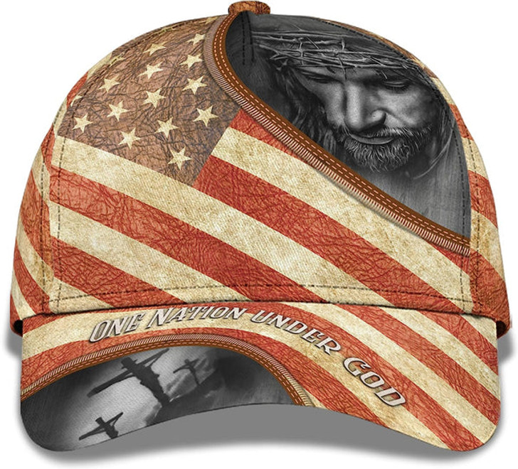 FUNSTUFFPRINT One Nation Under God Vintage Usa Flag And God And Cross All Over Print Baseball Cap - Christian Hats For Men Women