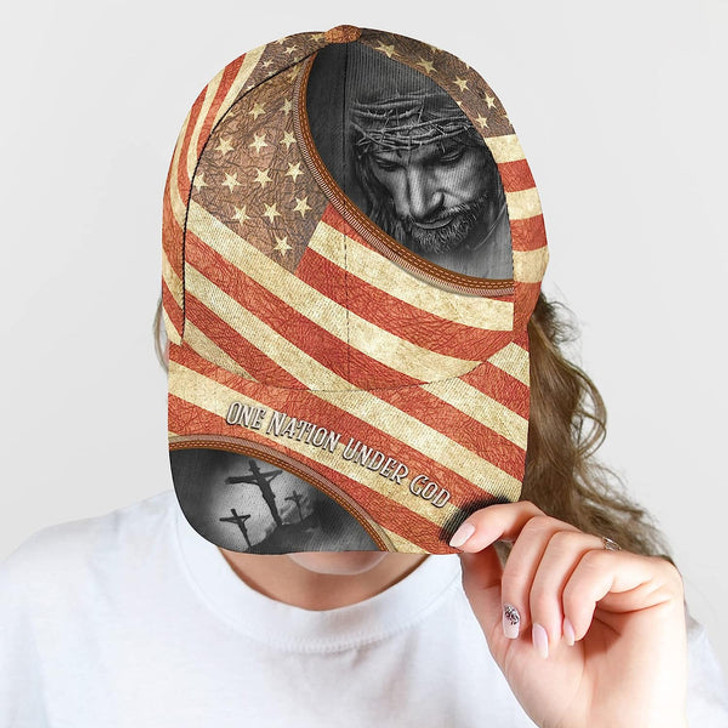 FUNSTUFFPRINT One Nation Under God Vintage Usa Flag And God And Cross All Over Print Baseball Cap - Christian Hats For Men Women
