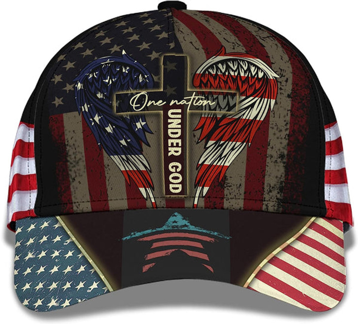 FUNSTUFFPRINT One Nation Under God Usa Flag Angel Wings Christian Cross All Over Print Baseball Cap - Christian Hats For Men Women