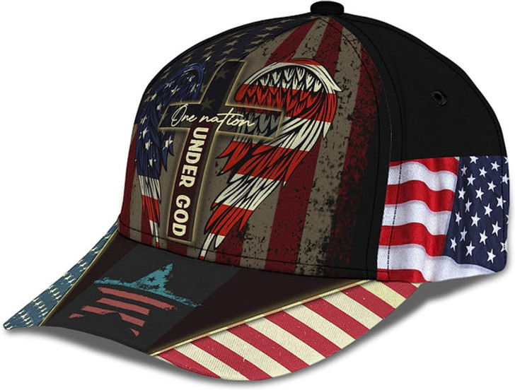 FUNSTUFFPRINT One Nation Under God Usa Flag Angel Wings Christian Cross All Over Print Baseball Cap - Christian Hats For Men Women