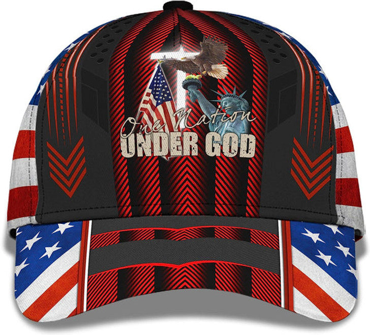 FUNSTUFFPRINT One Nation Under God Eagle On Liberty Statue Usa Flag And Cross All Over Print Baseball Cap - Christian Hats For Men Women