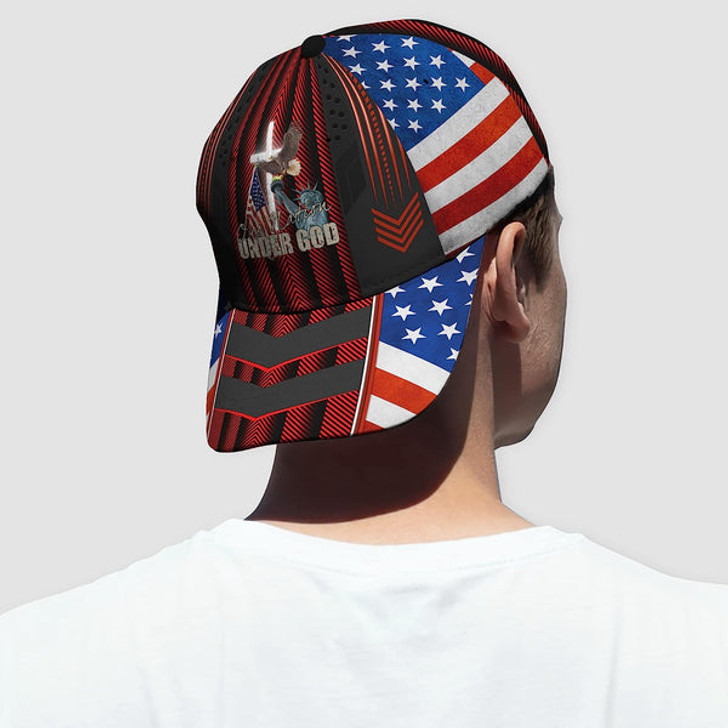 FUNSTUFFPRINT One Nation Under God Eagle On Liberty Statue Usa Flag And Cross All Over Print Baseball Cap - Christian Hats For Men Women