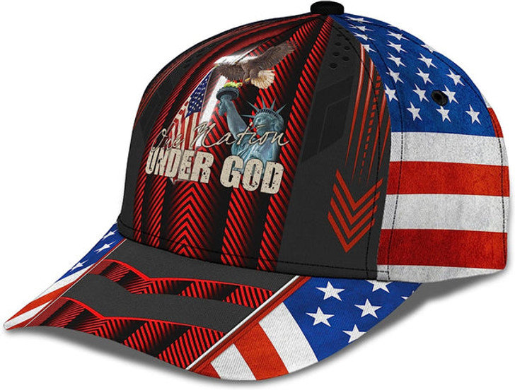 FUNSTUFFPRINT One Nation Under God Eagle On Liberty Statue Usa Flag And Cross All Over Print Baseball Cap - Christian Hats For Men Women