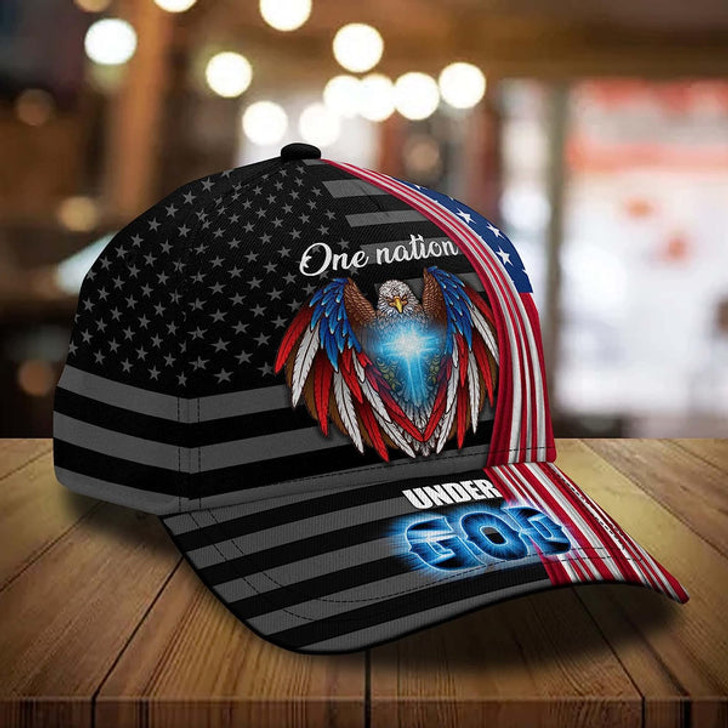 FUNSTUFFPRINT One Nation Under God Eagle Cross Patriots All Over Print Baseball Cap - Christian Hats For Men Women