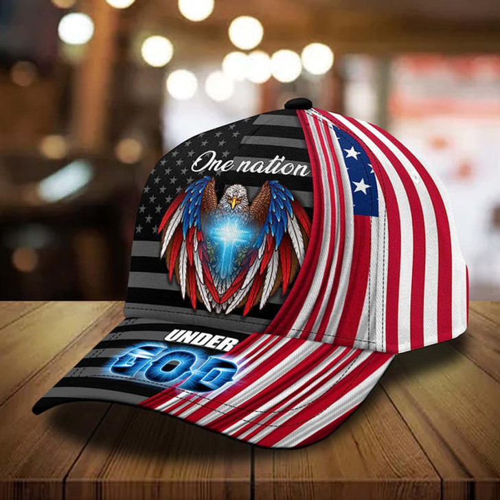FUNSTUFFPRINT One Nation Under God Eagle Cross Patriots All Over Print Baseball Cap - Christian Hats For Men Women