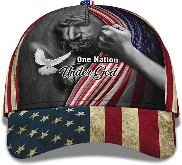 FUNSTUFFPRINT One Nation Under God American Flag And God And Dove All Over Print Baseball Cap - Christian Hats For Men Women