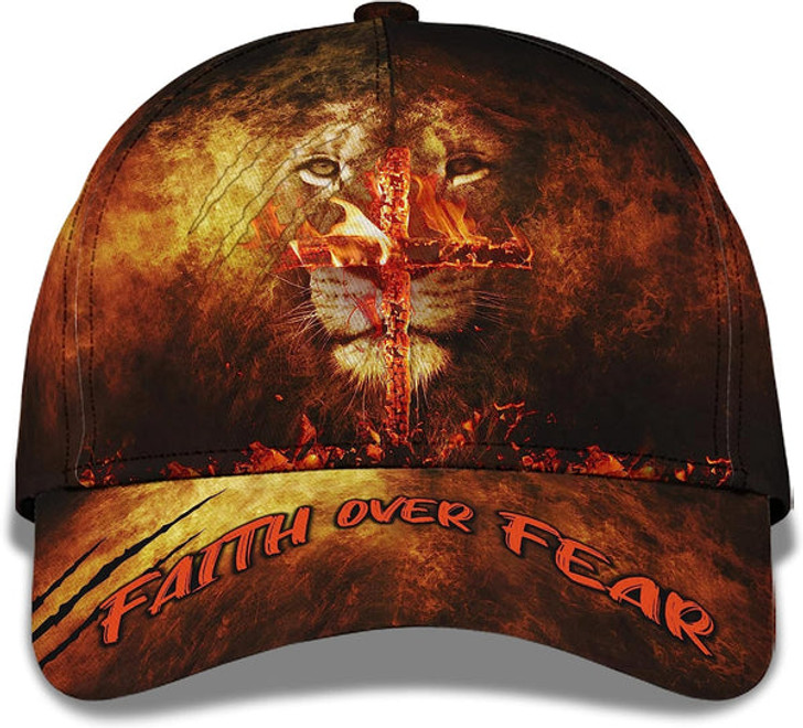 FUNSTUFFPRINT Lion With Christian Cross On Fire Faith Over Fear All Over Print Baseball Cap - Christian Hats For Men Women
