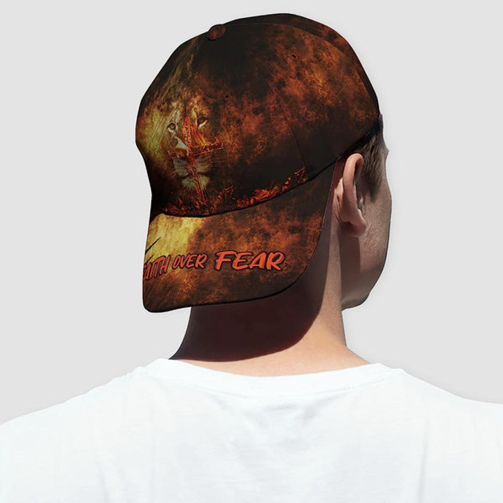 FUNSTUFFPRINT Lion With Christian Cross On Fire Faith Over Fear All Over Print Baseball Cap - Christian Hats For Men Women