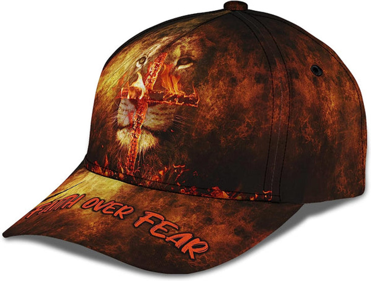 FUNSTUFFPRINT Lion With Christian Cross On Fire Faith Over Fear All Over Print Baseball Cap - Christian Hats For Men Women