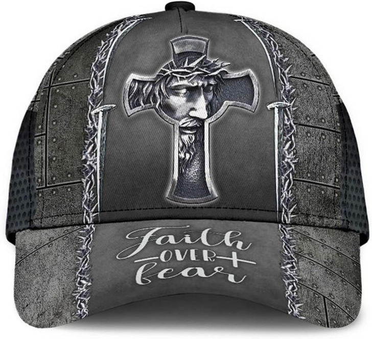 FUNSTUFFPRINT Jesus Cross Faith Over Fear All Over Print Baseball Cap - Christian Hats For Men Women