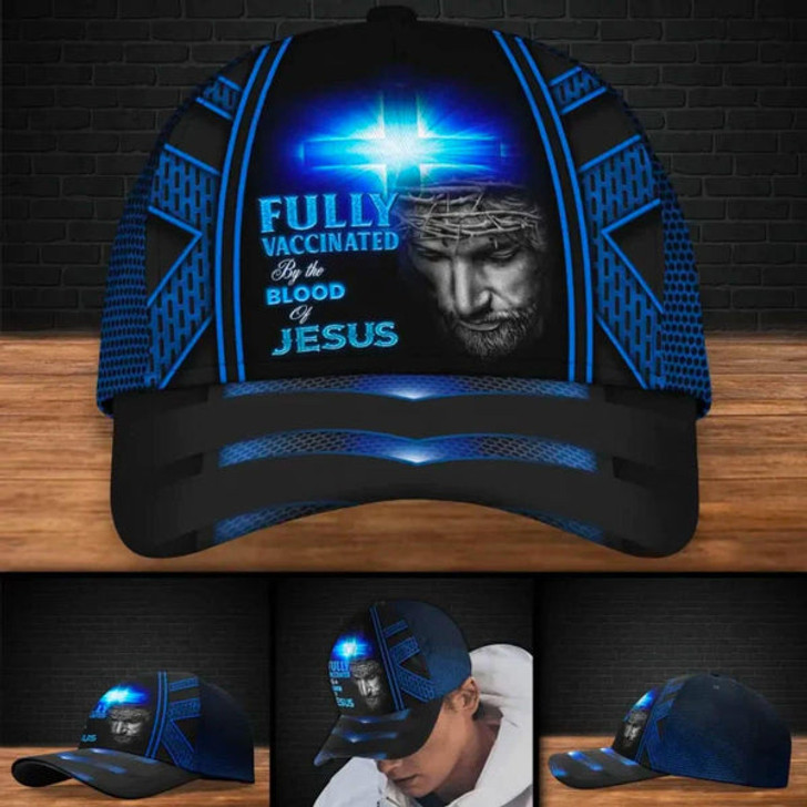 FUNSTUFFPRINT Jesus Blue Cross Light Fully Vaccinated By The Blood Of Jesus All Over Print Baseball Cap - Christian Hats For Men Women
