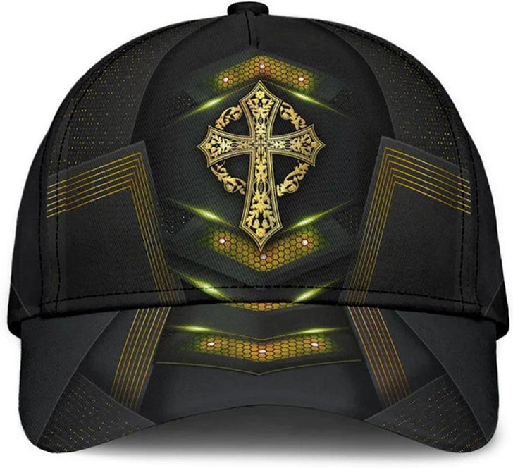 FUNSTUFFPRINT God Cross Metal Gold All Over Print Baseball Cap - Christian Hats For Men Women
