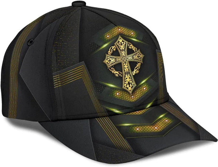 FUNSTUFFPRINT God Cross Metal Gold All Over Print Baseball Cap - Christian Hats For Men Women