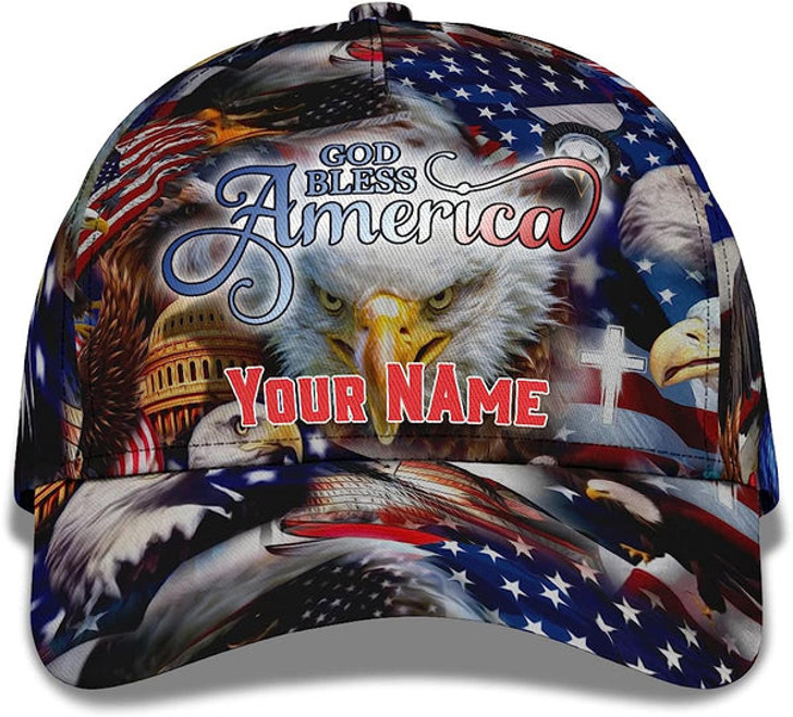 FUNSTUFFPRINT God Bless America Bald Eagles America Flag Custom Name All Over Print Baseball Cap - Christian Hats For Men Women