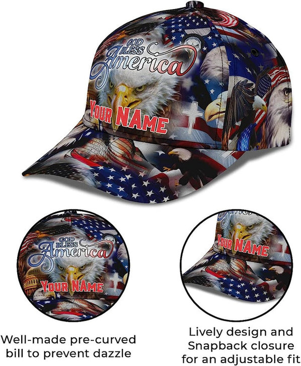 FUNSTUFFPRINT God Bless America Bald Eagles America Flag Custom Name All Over Print Baseball Cap - Christian Hats For Men Women