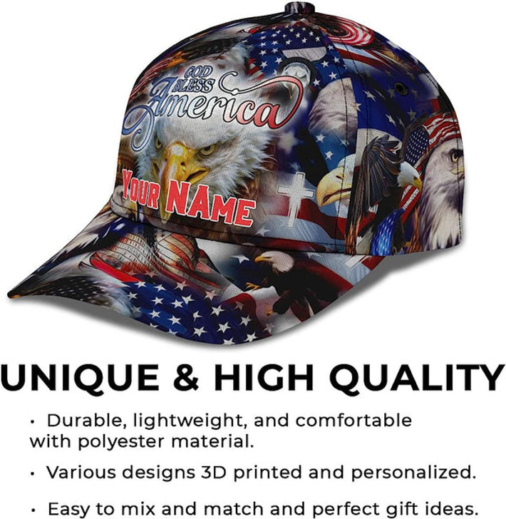FUNSTUFFPRINT God Bless America Bald Eagles America Flag Custom Name All Over Print Baseball Cap - Christian Hats For Men Women