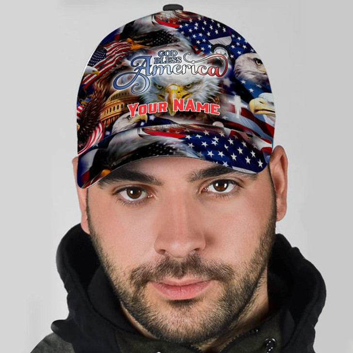 FUNSTUFFPRINT God Bless America Bald Eagles America Flag Custom Name All Over Print Baseball Cap - Christian Hats For Men Women