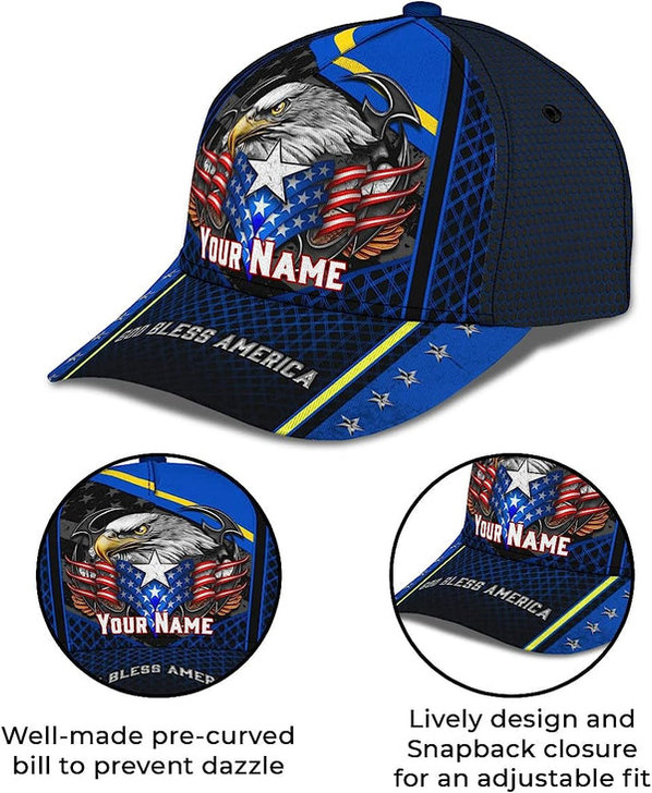 FUNSTUFFPRINT God Bless America Bald Eagle Stars Custom Name All Over Print Baseball Cap - Christian Hats For Men Women