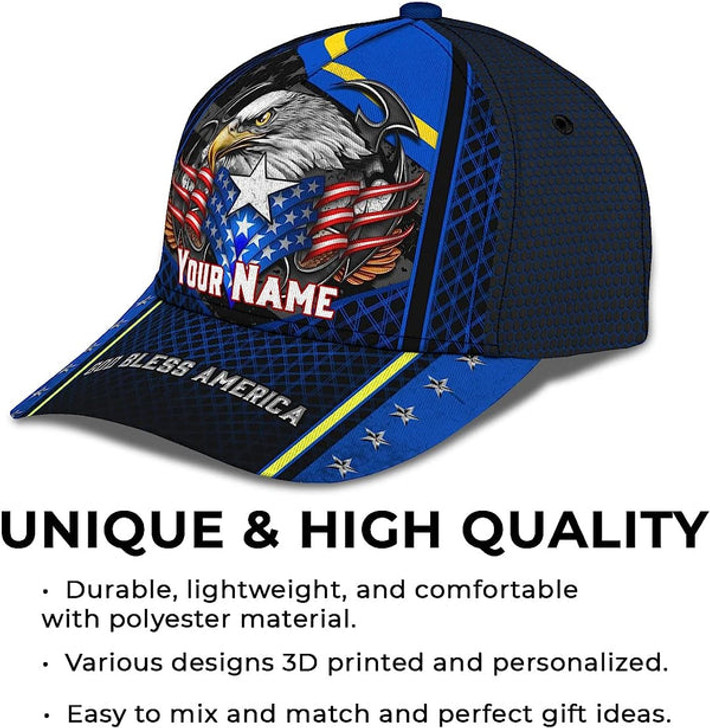 FUNSTUFFPRINT God Bless America Bald Eagle Stars Custom Name All Over Print Baseball Cap - Christian Hats For Men Women