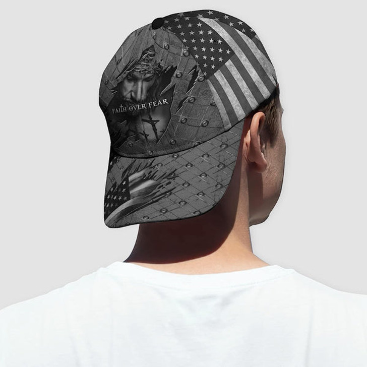 FUNSTUFFPRINT Faith Over Fear God With Cross And American Flag All Over Print Baseball Cap - Christian Hats For Men Women