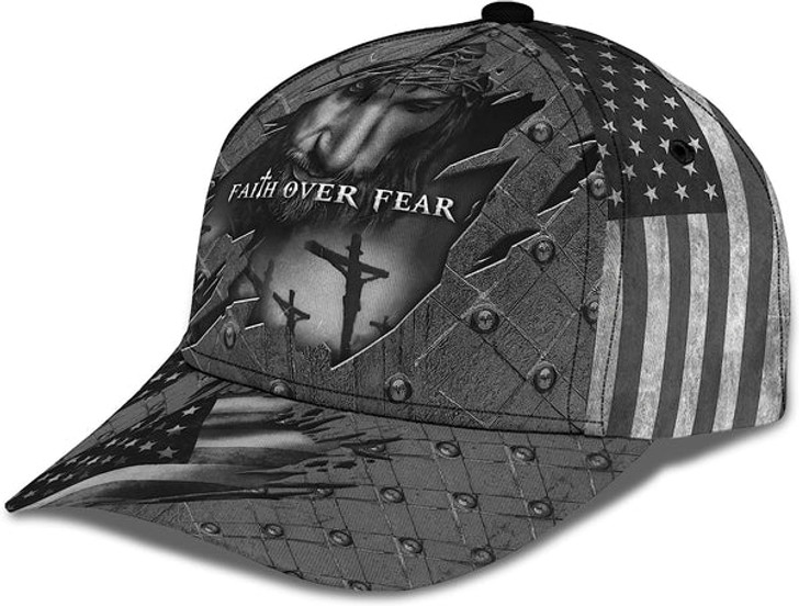 FUNSTUFFPRINT Faith Over Fear God With Cross And American Flag All Over Print Baseball Cap - Christian Hats For Men Women