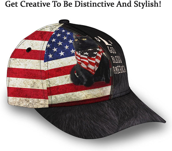FUNSTUFFPRINT Cute Cat Us Flag God Bless America All Over Print Baseball Cap - Christian Hats For Men Women