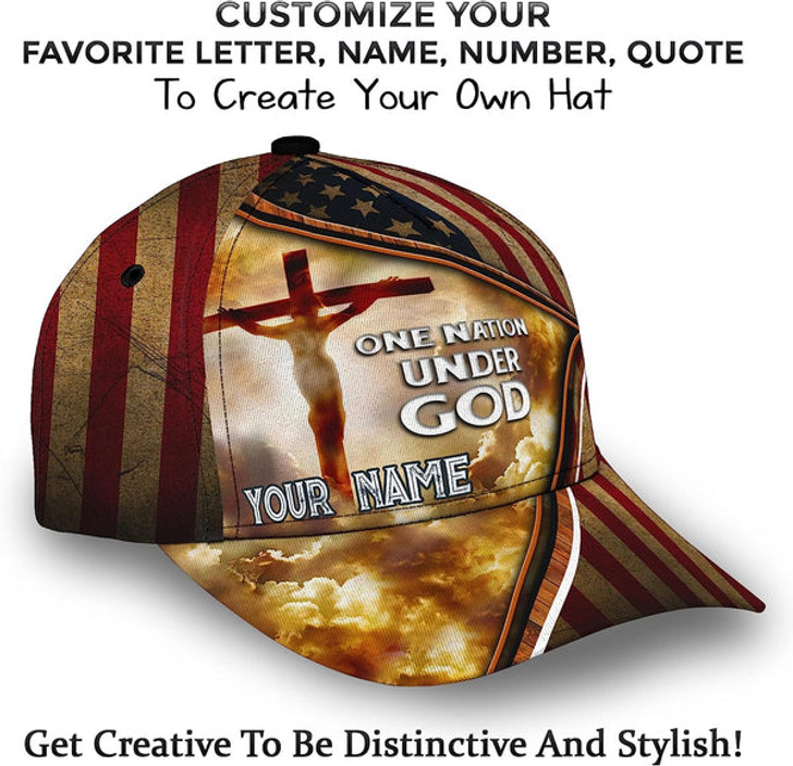 FUNSTUFFPRINT Cross One Nation Under God American Flag Custom Name All Over Print Baseball Cap - Christian Hats For Men Women