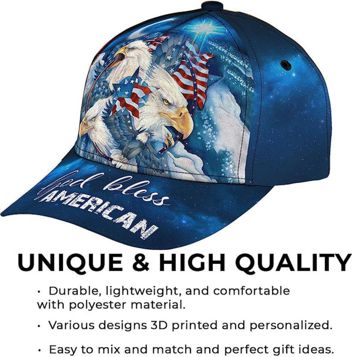 FUNSTUFFPRINT Bald Eagle God Bless America Flag Custom Name All Over Print Baseball Cap - Christian Hats For Men Women